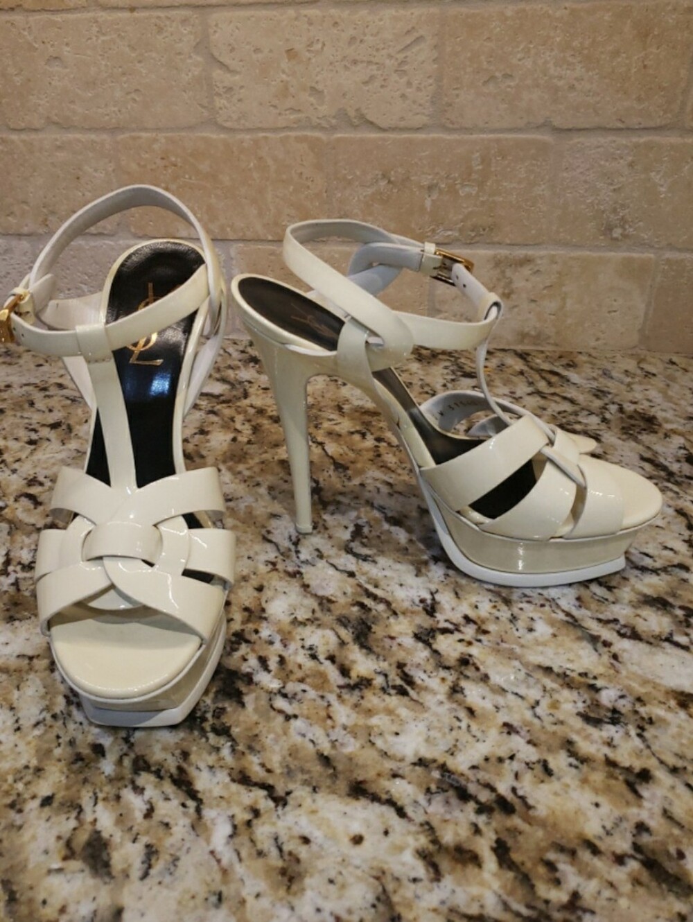 Saint Laurent YSL Tribute Ivory Patent Leather Platform T-Strap Sandals